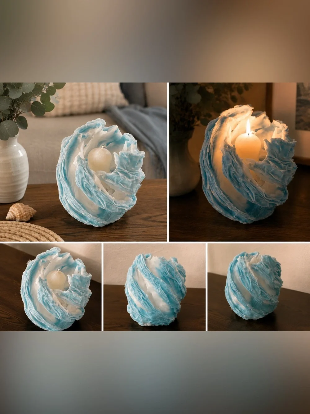 Teal White Textured Decorative Candle Sculptural Coastal Accent Decor